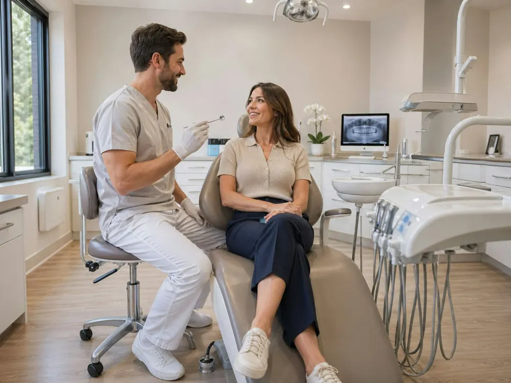 Dentista platicando con una paciente en un consultorio luminoso